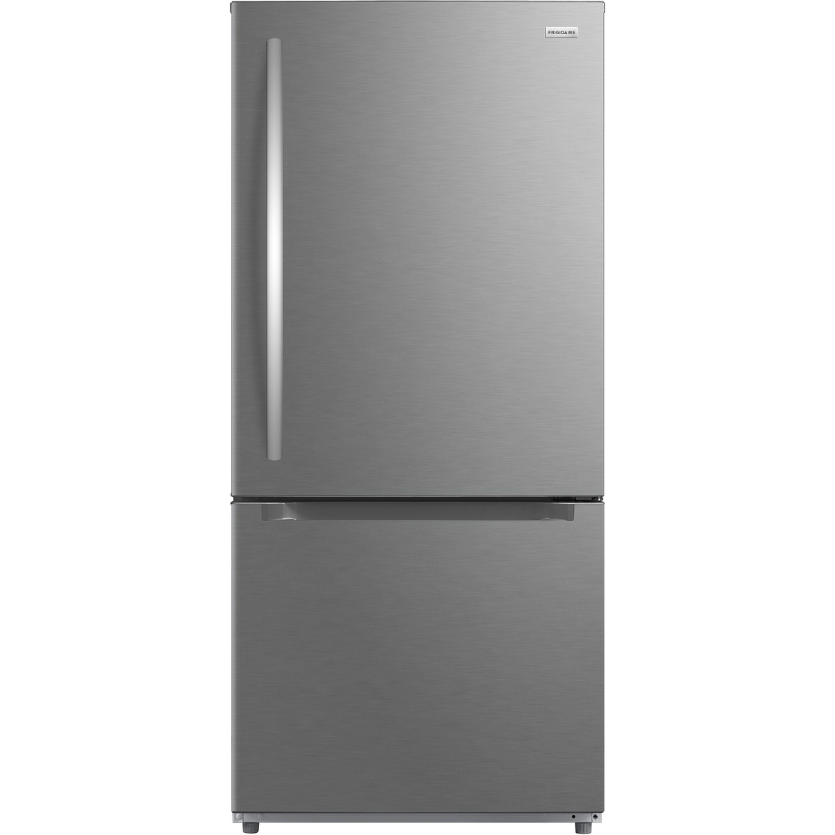 Frigidaire FRBE1925AF bottom-freezer refrigerator front exterior view in fingerprint-resistant stainless steel finish with hidden hinge and pull-out freezer drawer