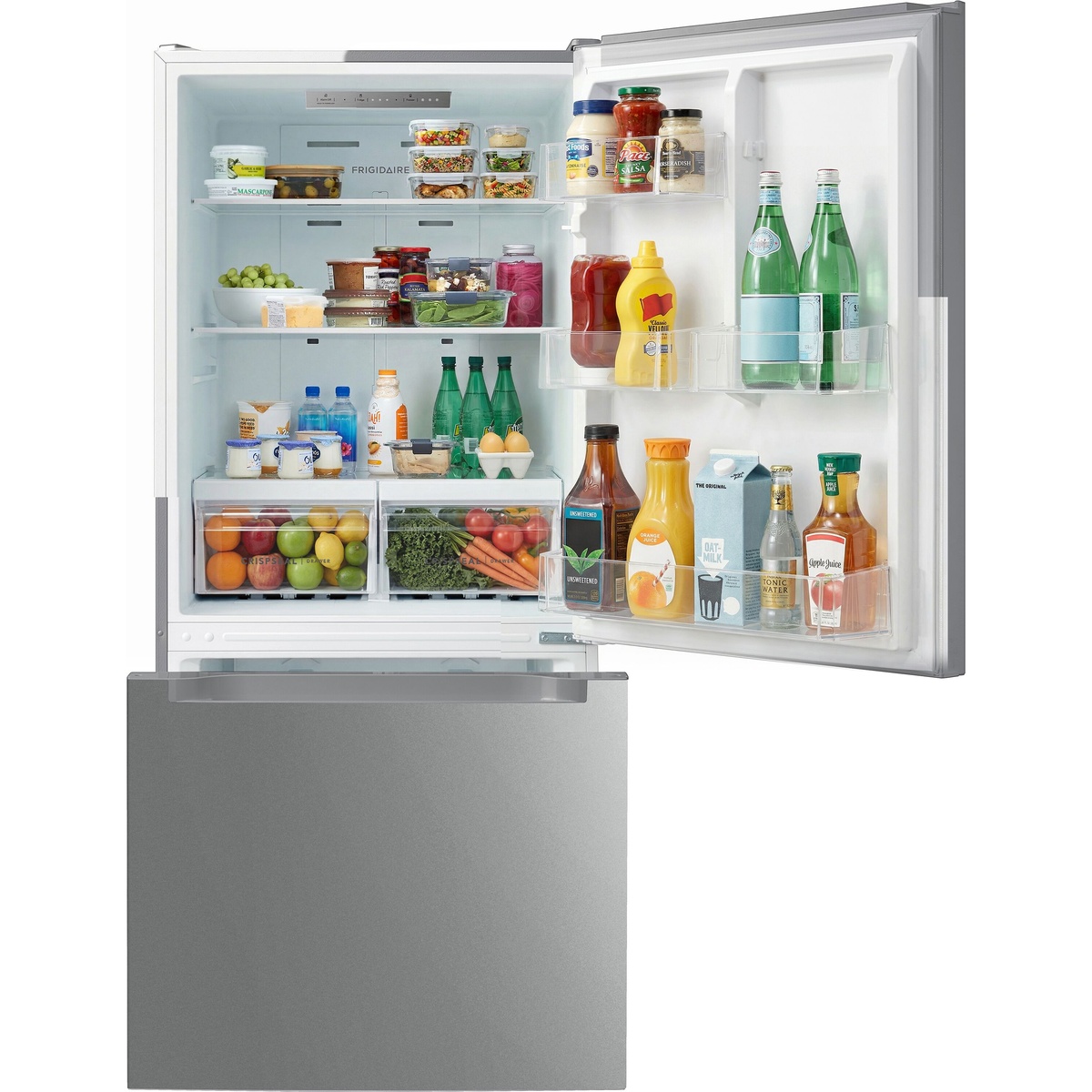 Frigidaire FRBE1925AF refrigerator open and fully loaded showing adjustable glass shelves, CrispSeal crisper drawers, multiple door bins with gallon storage, and bright LED interior lighting
