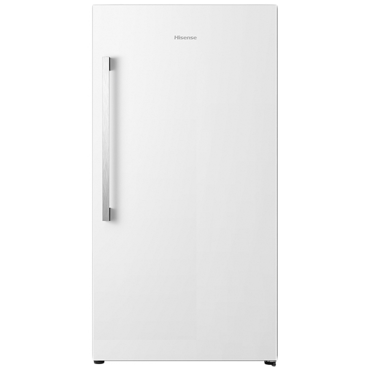 Front view of the Hisense upright freezer in a white finish with a vertical handle