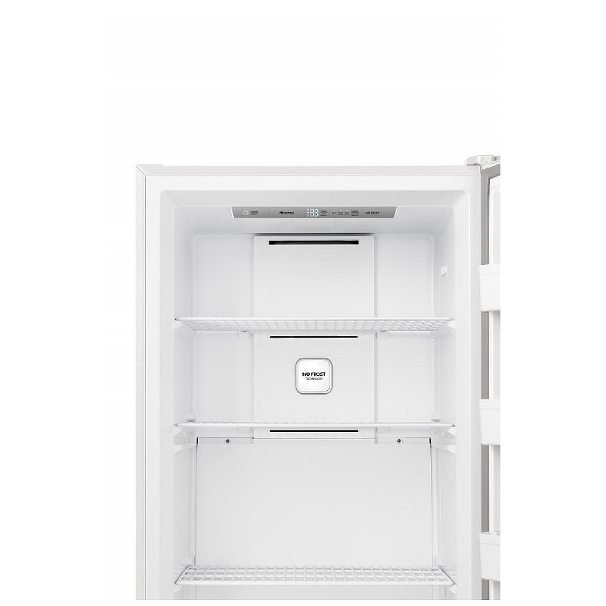 Inside view of the Hisense upright freezer showing wire shelves, interior control panel area, and a No-Frost badge