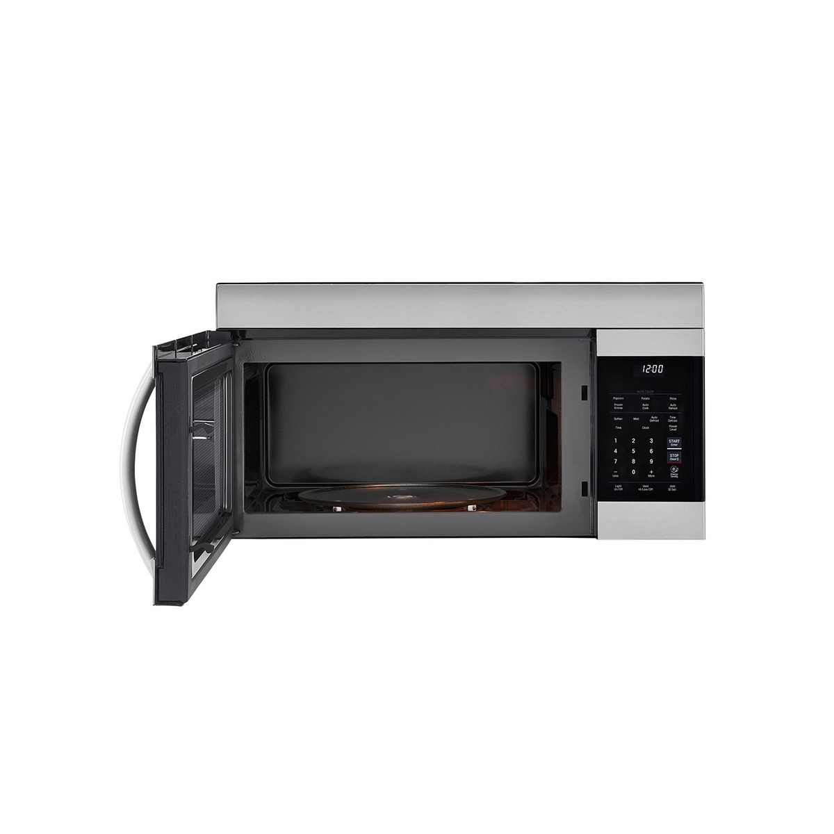 LG LMV1751ST with door open, revealing the spacious interior cavity, round glass turntable, and EasyClean gray coating