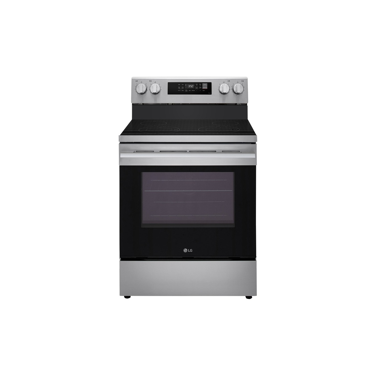 LG LREN6321CE 30-inch freestanding electric range in stainless steel, showing the full front view with ceramic glass cooktop, stainless knobs, LED display panel, and WideView oven window