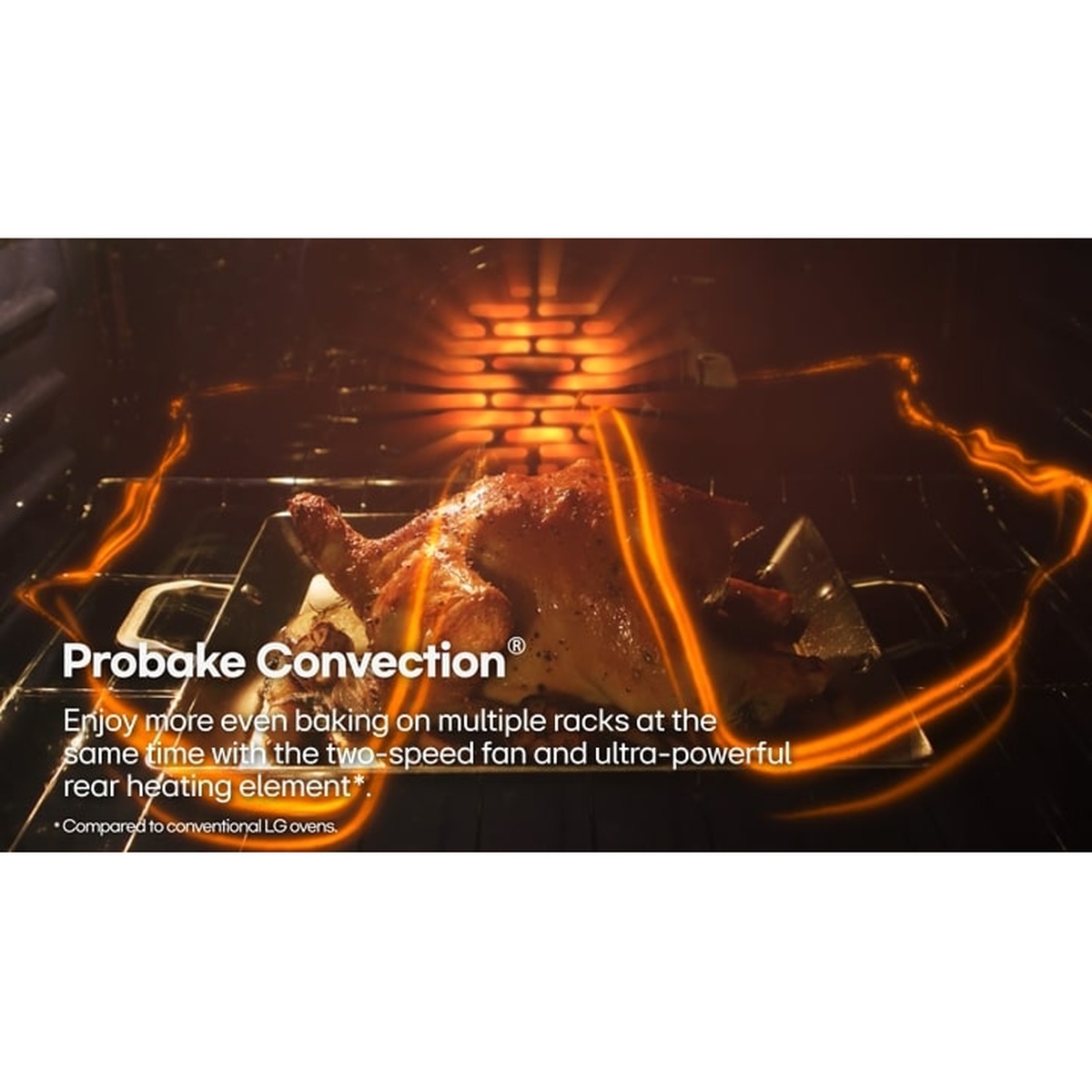 A roasted chicken cooking inside an LG oven, highlighting the ProBake Convection technology with visual heat flow animation surrounding the food