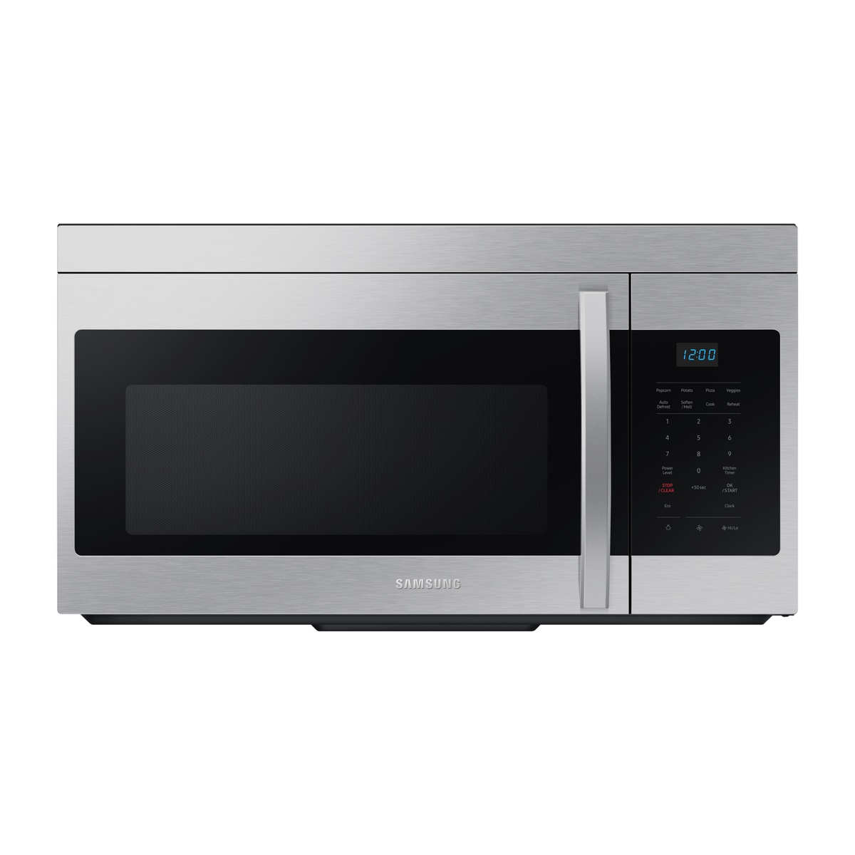 Samsung ME16A4021AS/AC front view showing stainless steel exterior, bar handle, and LED membrane control panel with preset cook buttons