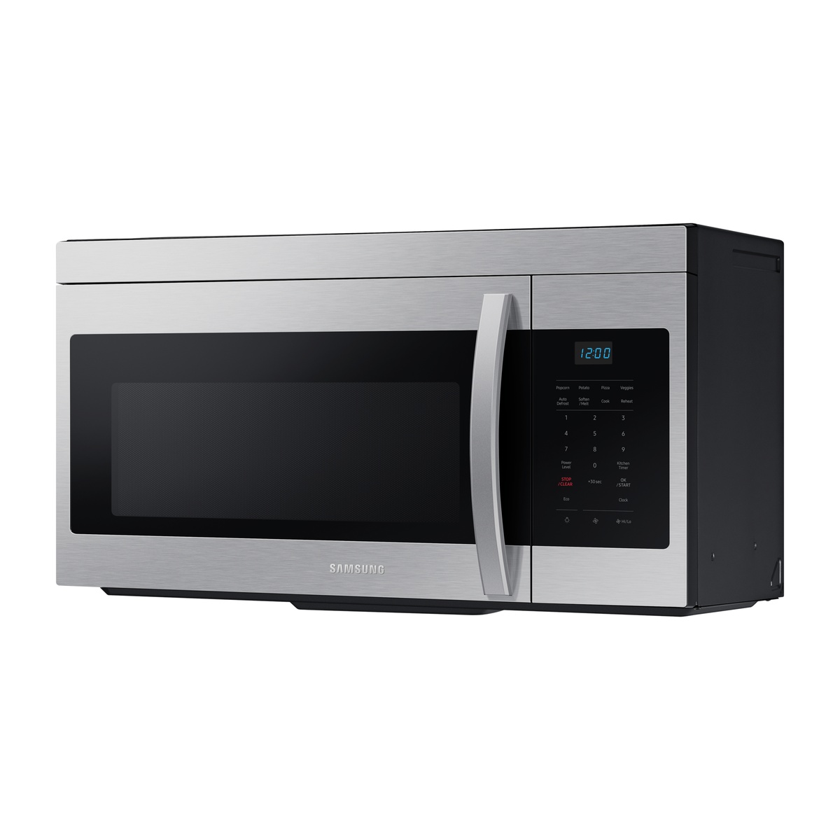 Samsung ME16A4021AS/AC angled left view showing full stainless steel body, control panel, and OTR form factor