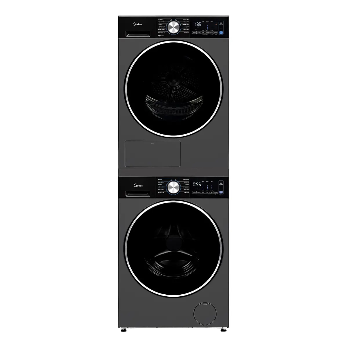 Midea heat pump dryer stacked directly on top of a matching Midea front-load washer, forming a compact stacked laundry tower in metallic grey