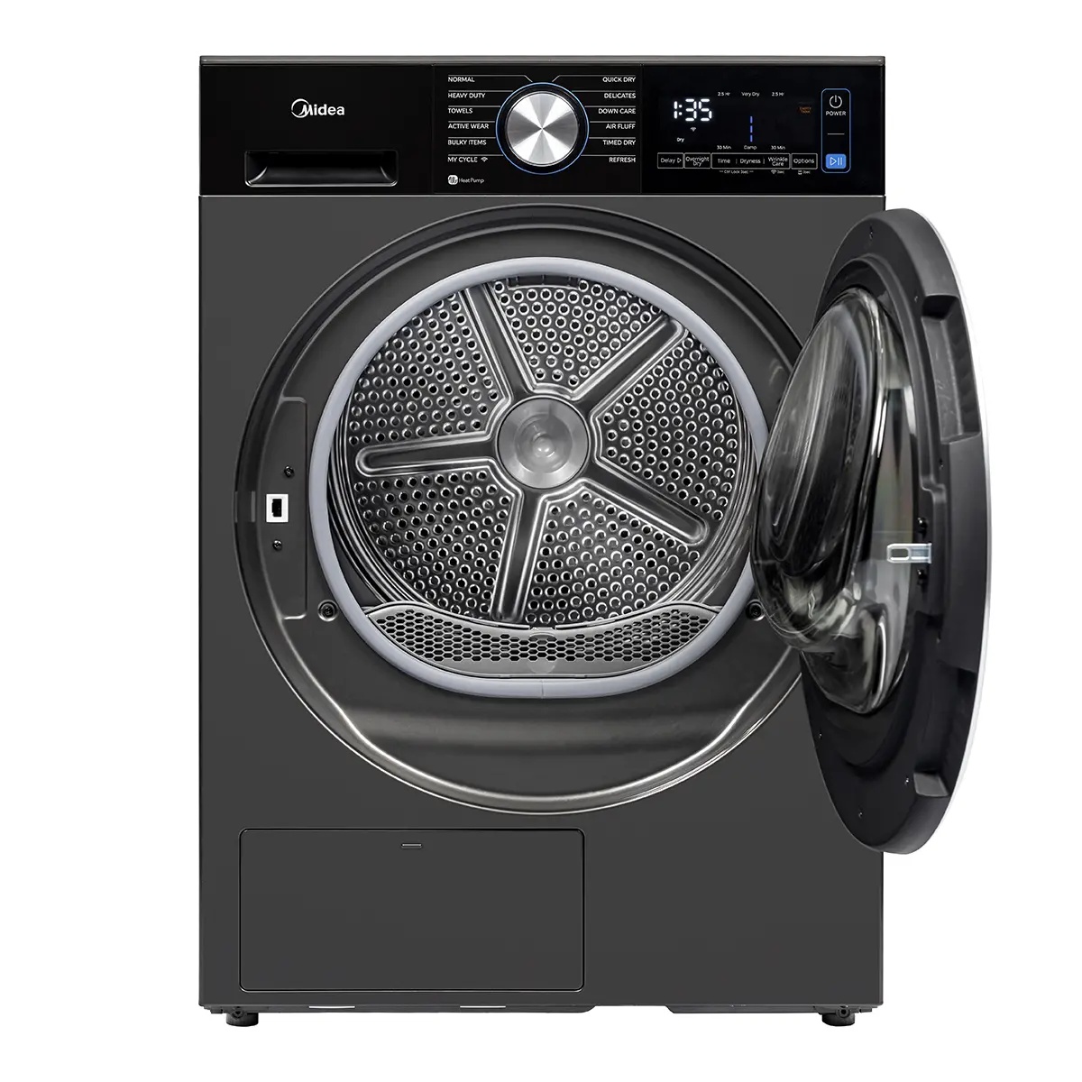 Midea MLHE31S2BBG compact heat pump dryer shown from the front with door open, revealing the stainless steel drum and full control panel with cycle selector