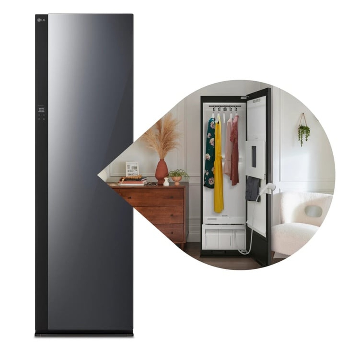 LG Styler SC5GMR80H in mirror finish shown closed and open with multiple garments hanging inside on the Dynamic MovingHangers