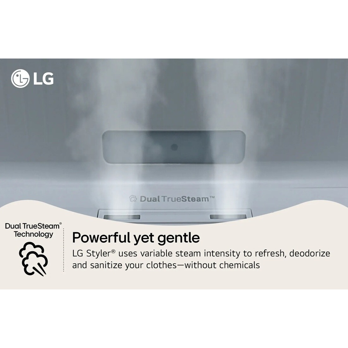 Close-up of the LG Dual TrueSteam technology module releasing steam inside the Styler cabinet