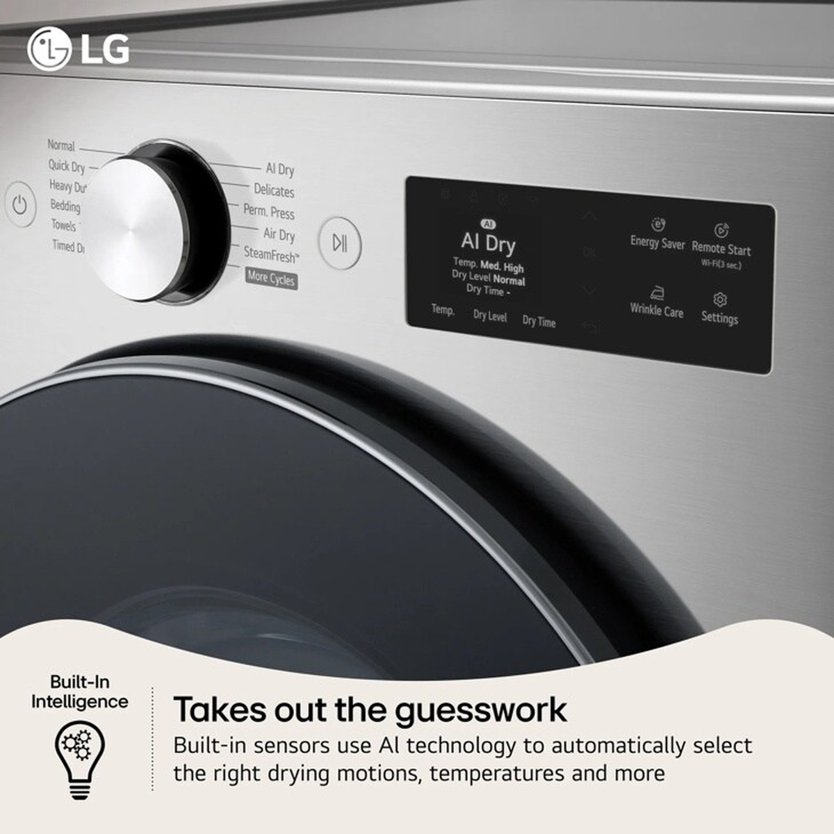Close-up of the LG DLEX5800V Dial-A-Cycle control and LCD touch panel showing AI Dry mode selected with cycle and temperature options visible