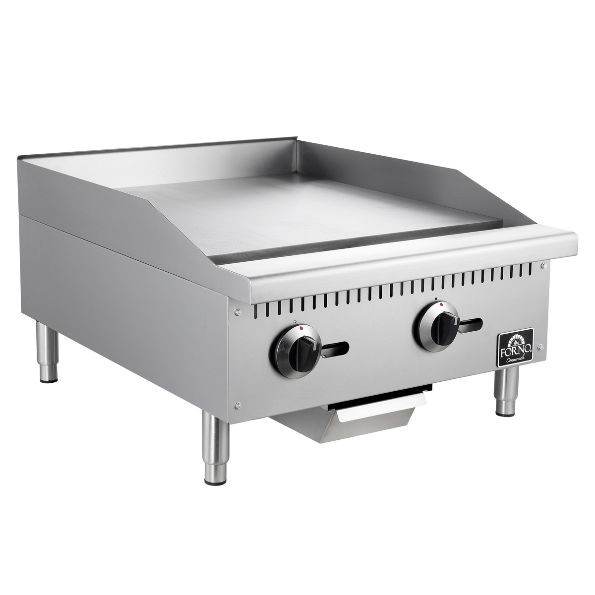 Angled view of the Forno commercial stainless steel gas griddle with two front control knobs and grease drawer