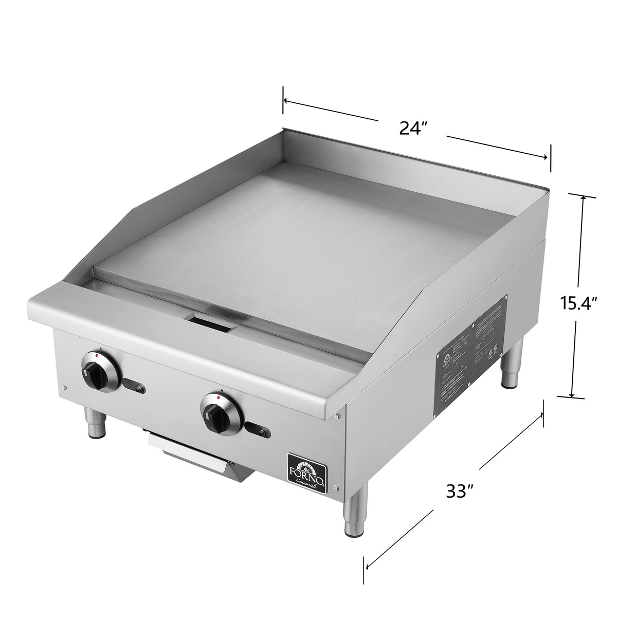 Forno stainless steel gas griddle with labeled dimensions showing 24 inch width, 33 inch depth, and 15.4 inch height