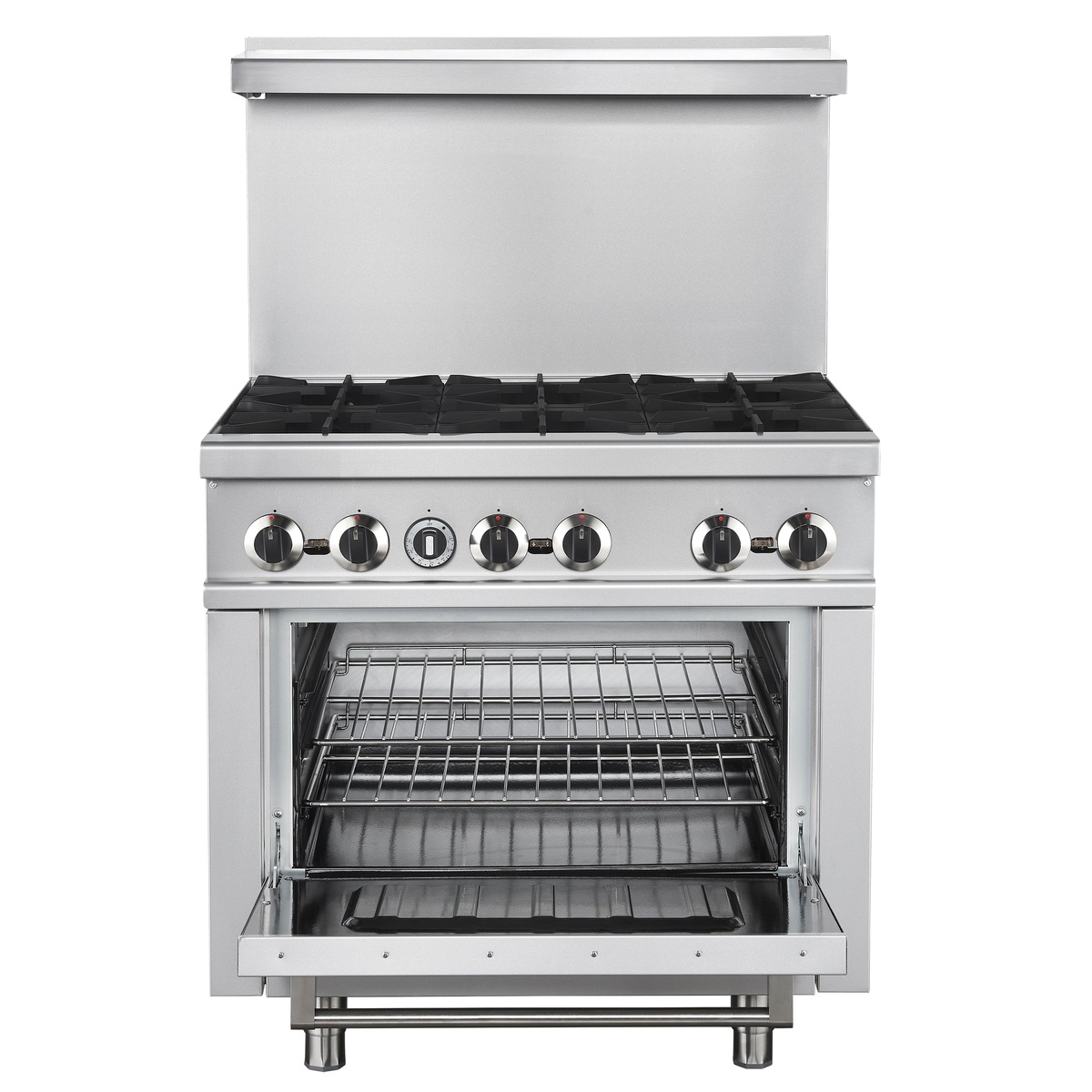 Front view of the FORNO Commerciale 36 inch gas range with the oven door open, showing multiple oven racks and a large cavity