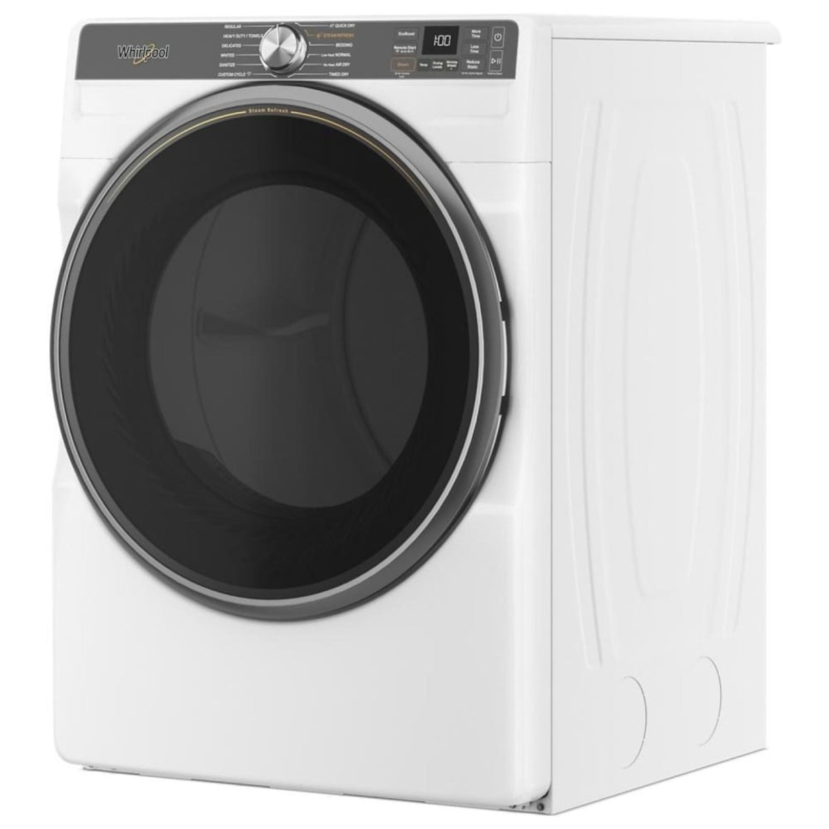 Angled view of the white Whirlpool YWED6720RW front-load electric dryer with a large dark-tinted window door