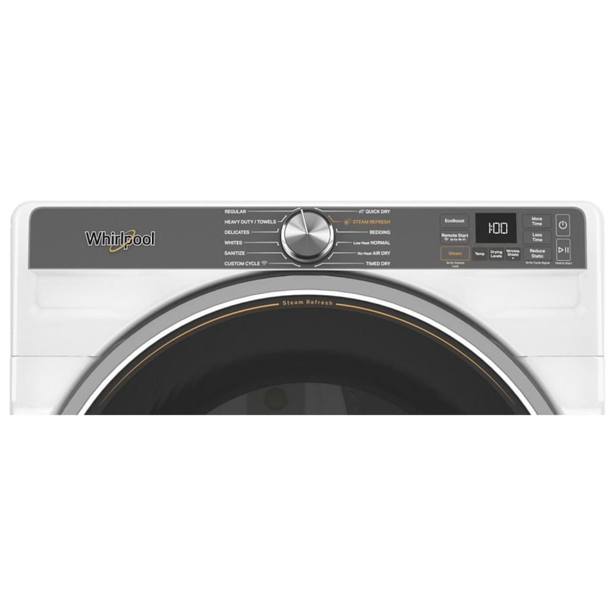 Close-up of the Whirlpool YWED6720RW dryer control panel with a central cycle knob, buttons, and a digital time display