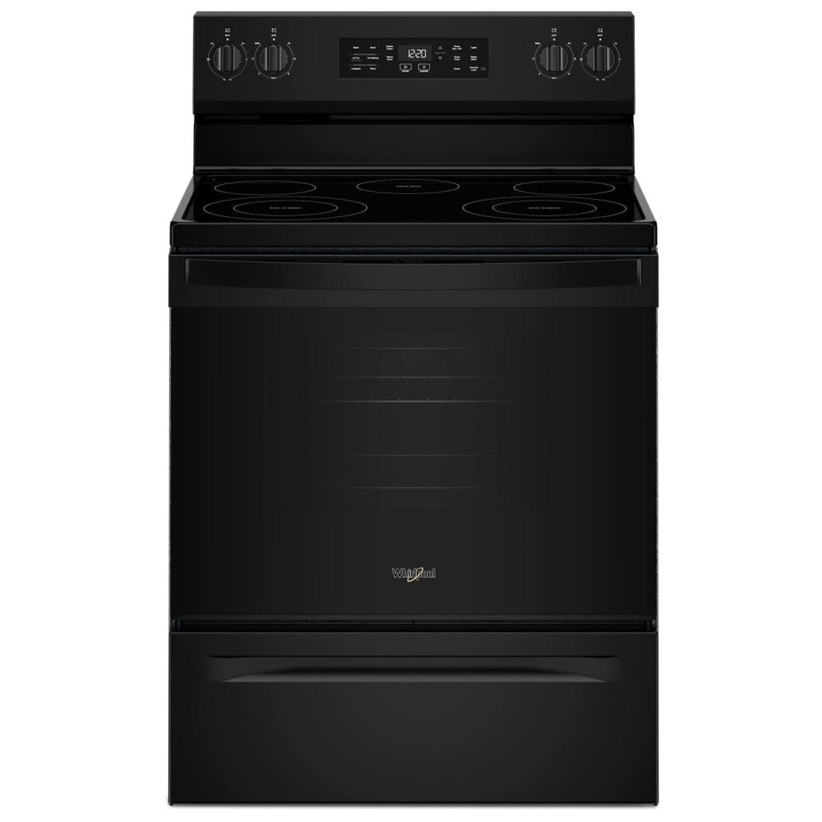 Front view of the Whirlpool black freestanding electric range with backguard touch panel, smooth cooktop, oven window, and lower storage drawer