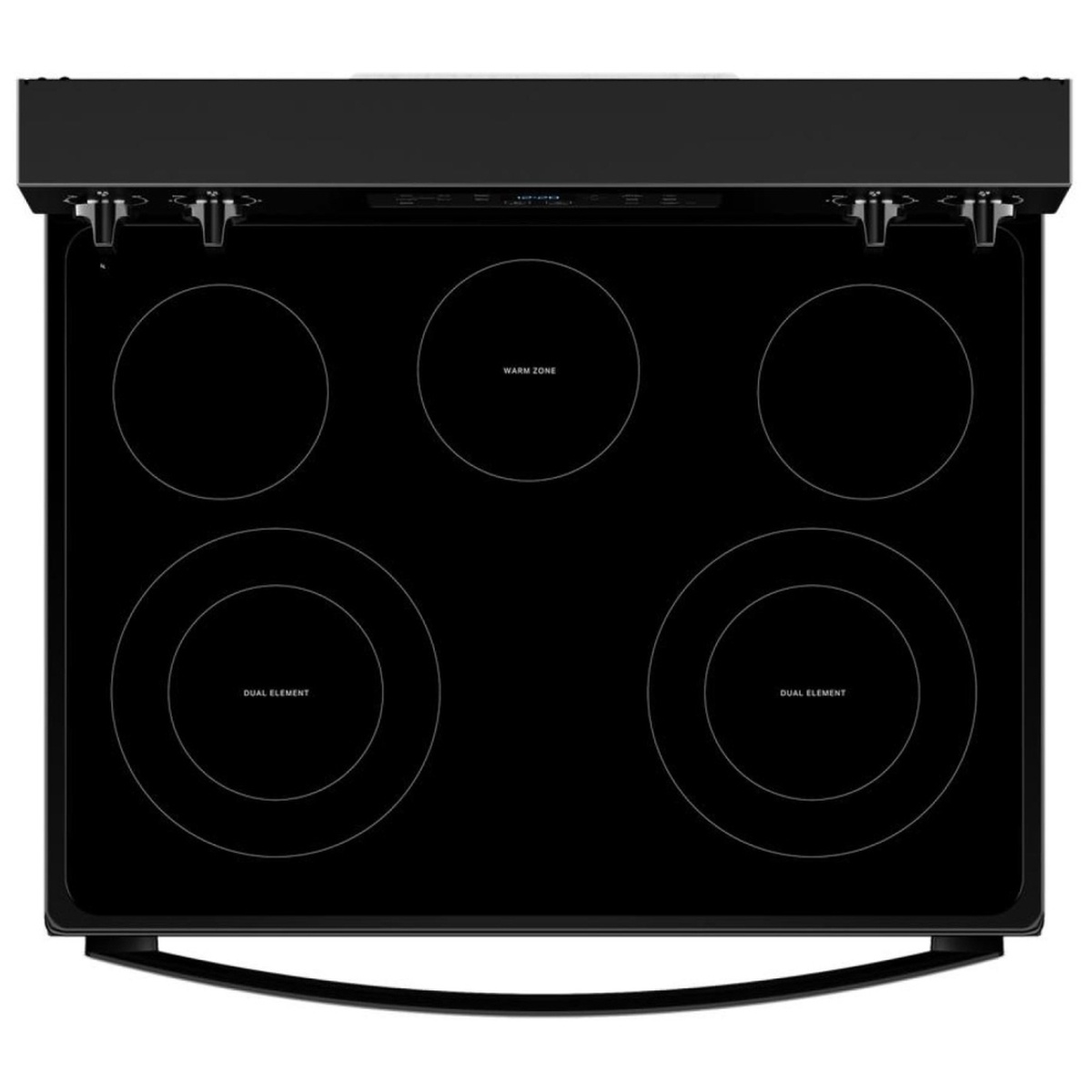 Top view of the black glass cooktop showing five radiant elements, including two dual elements and a center warm zone