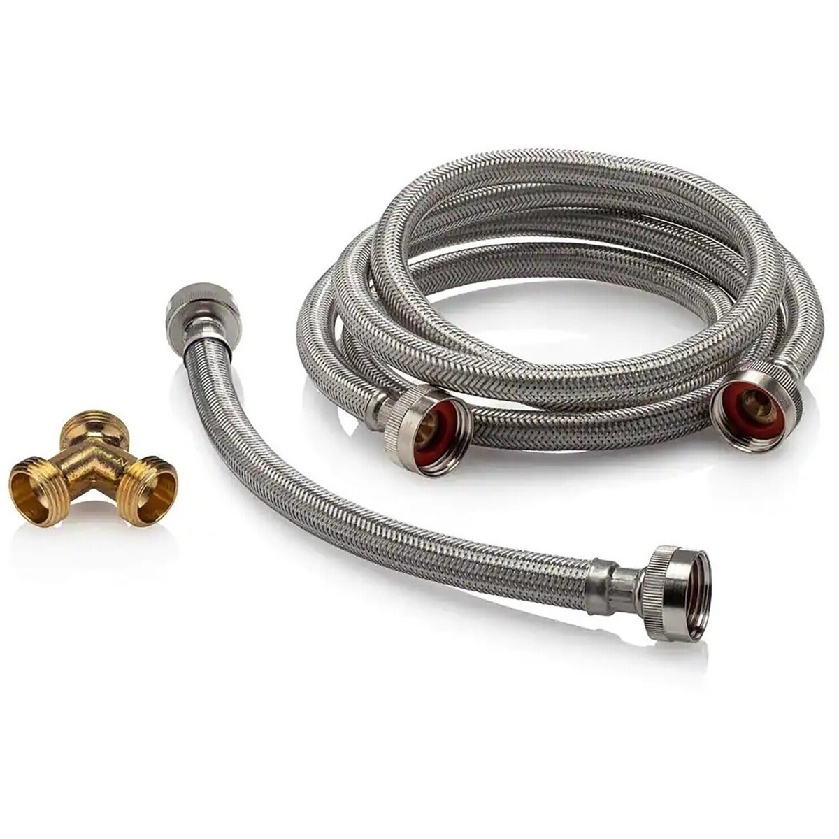 Two braided stainless steel water hoses with metal fittings and a brass Y-connector