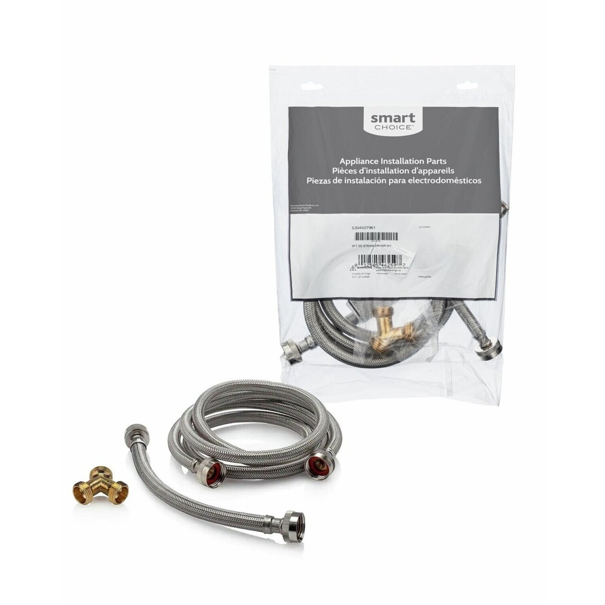 Smart Choice appliance installation parts bag containing braided stainless hoses and a brass Y-connector