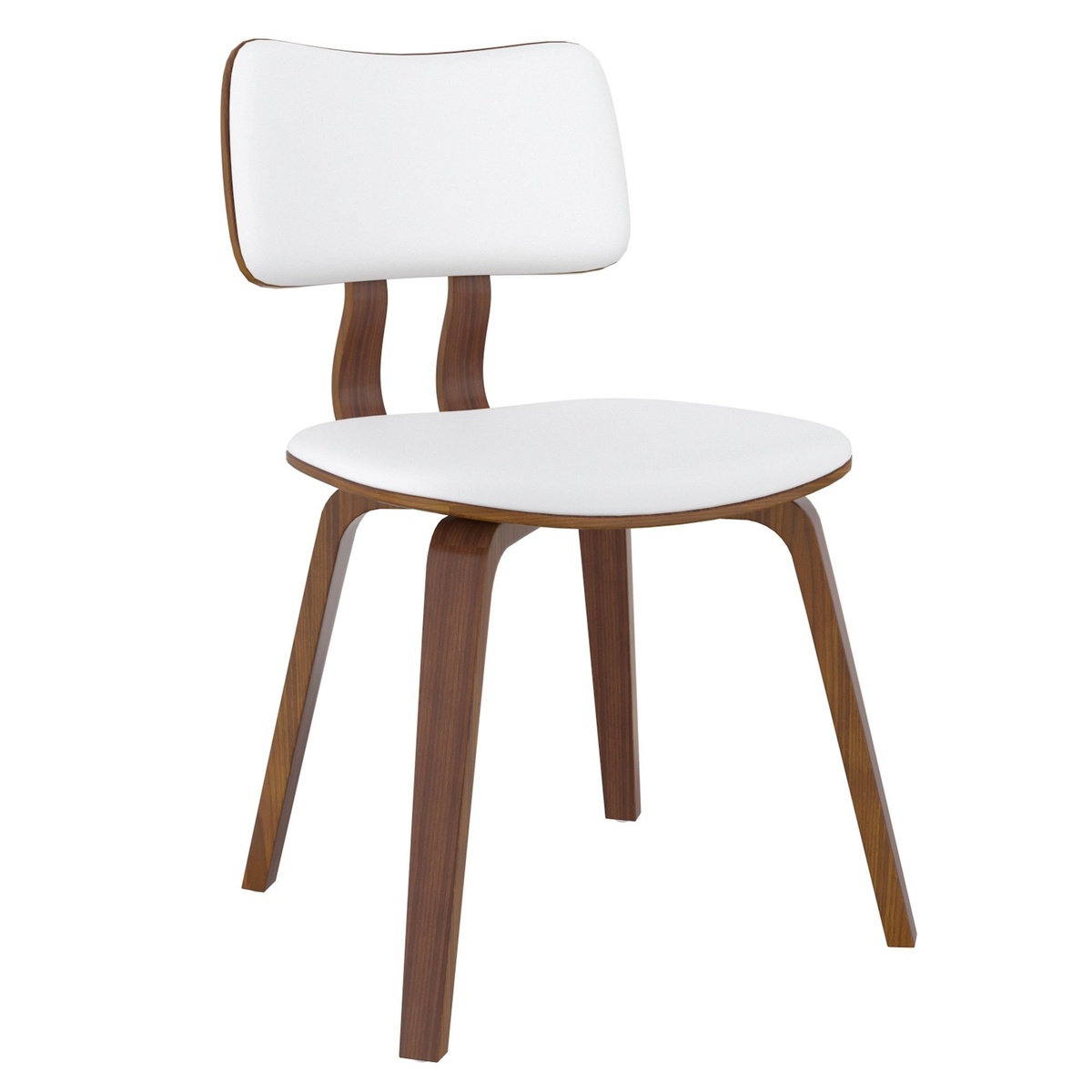 Zuni dining chair front and side view showing white faux leather upholstered seat and back with walnut bentwood frame and splayed legs