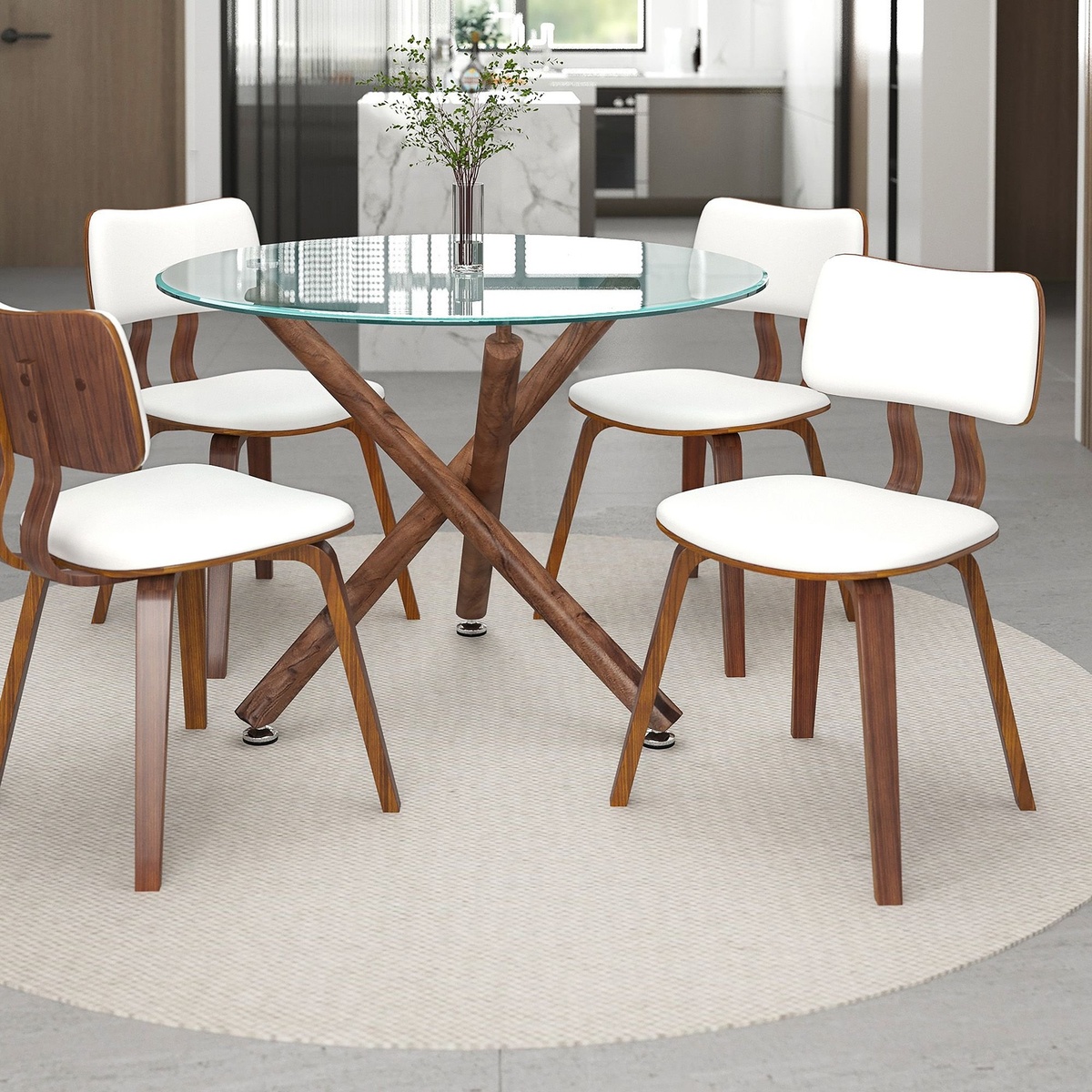 Four Zuni dining chairs in white faux leather and walnut bentwood surrounding a round glass-top dining table in a contemporary kitchen setting