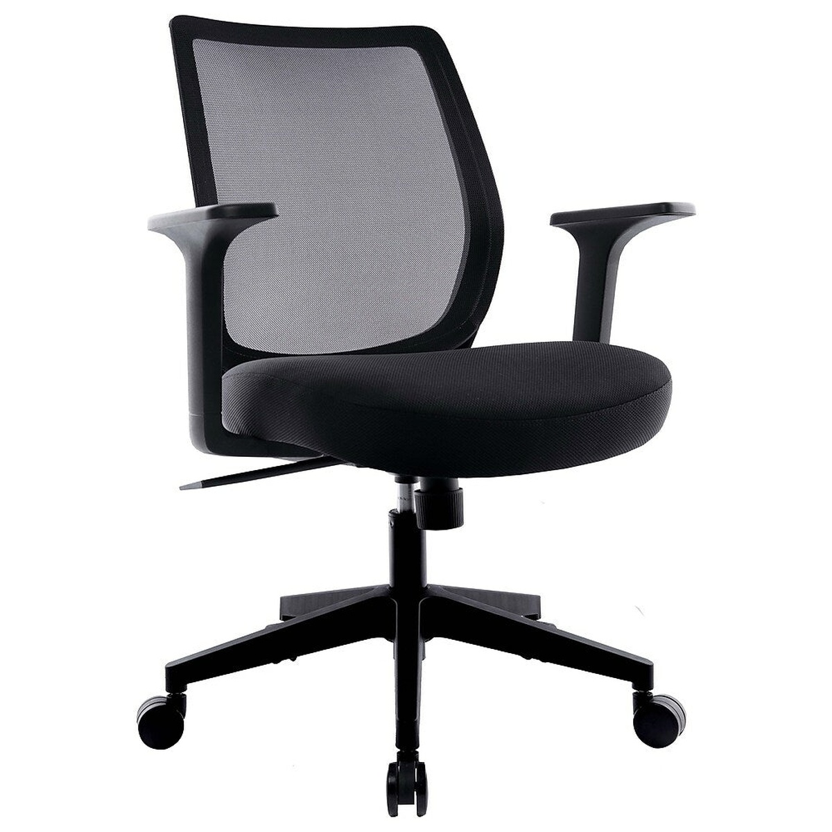 Three-quarter angle view of the full Union & Scale Essentials black mesh task chair showing the five-star base, rolling casters, fixed arms, and mesh back