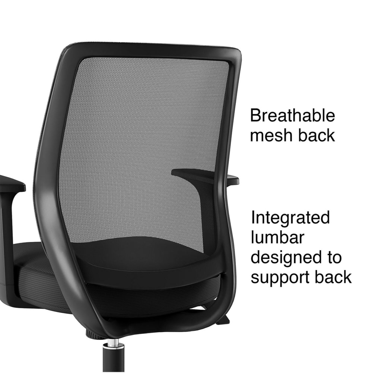 Close-up of the breathable mesh back and integrated lumbar support on the Union & Scale Essentials task chair, with text callouts visible
