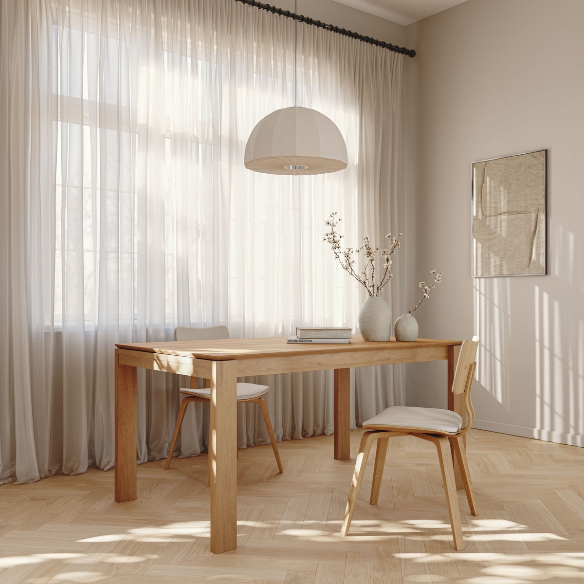 Keaton Oak Dining Table styled in a bright, sunlit dining room with upholstered chairs, sheer curtains, and decorative vases