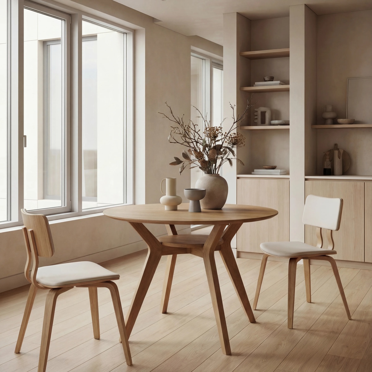 Ansel Dining Table in Oak shown in a bright, minimalist dining room styled with two wood and upholstered chairs, decorative objects, and natural light from large windows