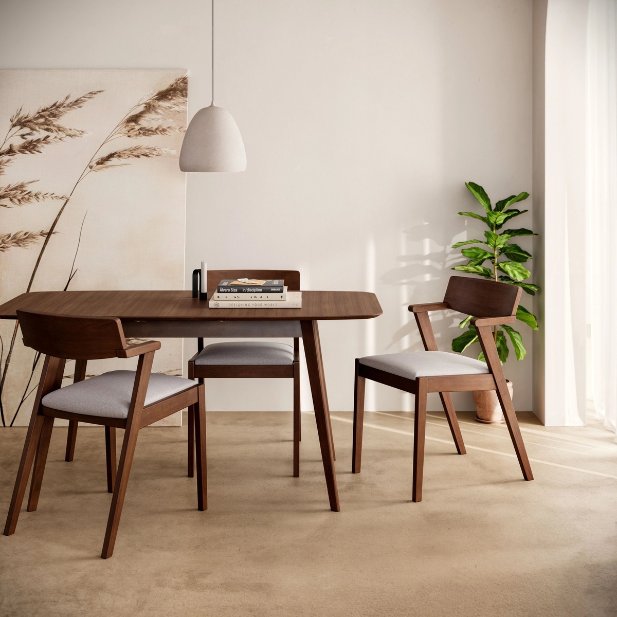 Arden Extendable Dining Table styled in a warm mid-century dining room with walnut chairs and natural light