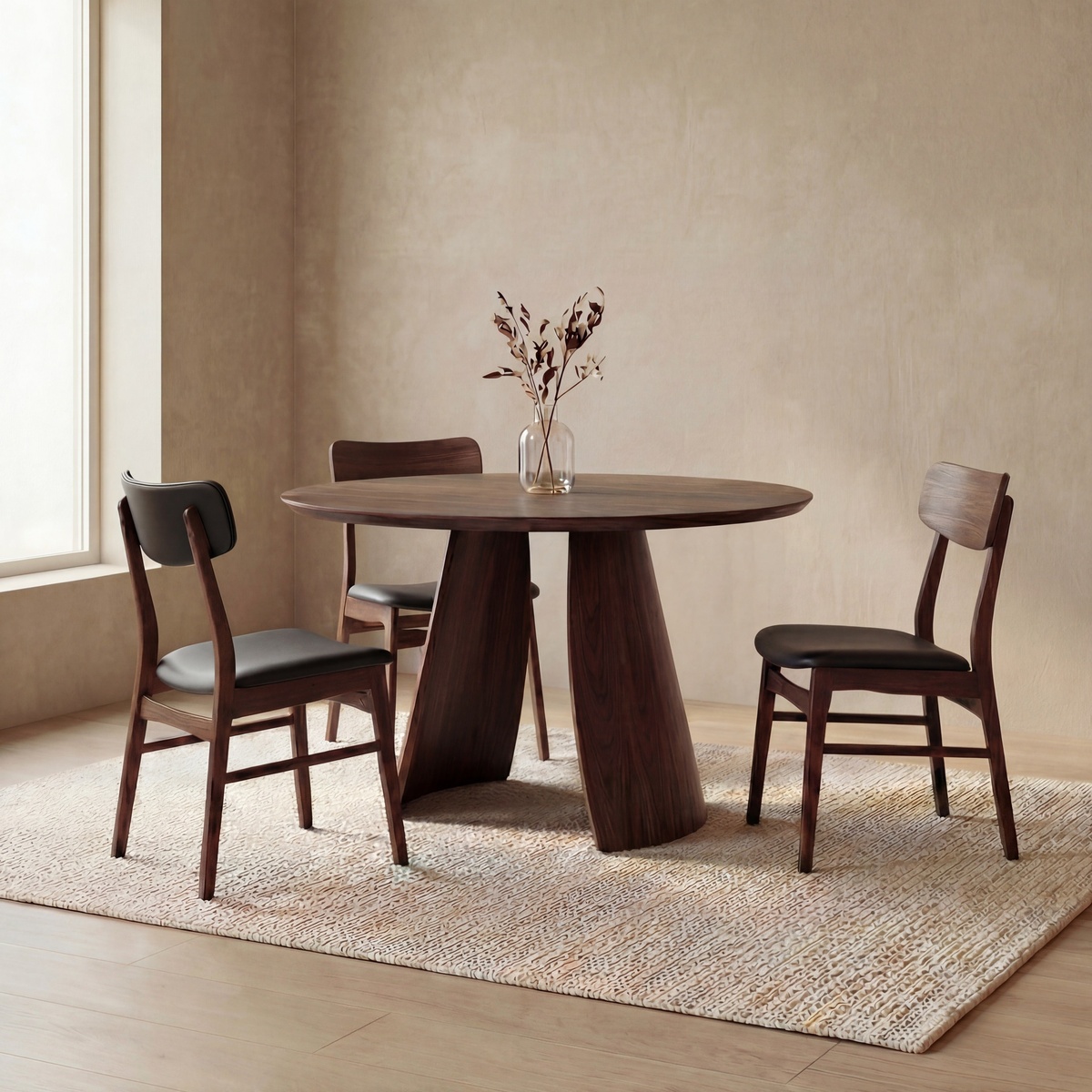 Obelia Walnut round dining table with sculptural pedestal base styled with dining chairs on a woven rug in a warm, neutral-toned room