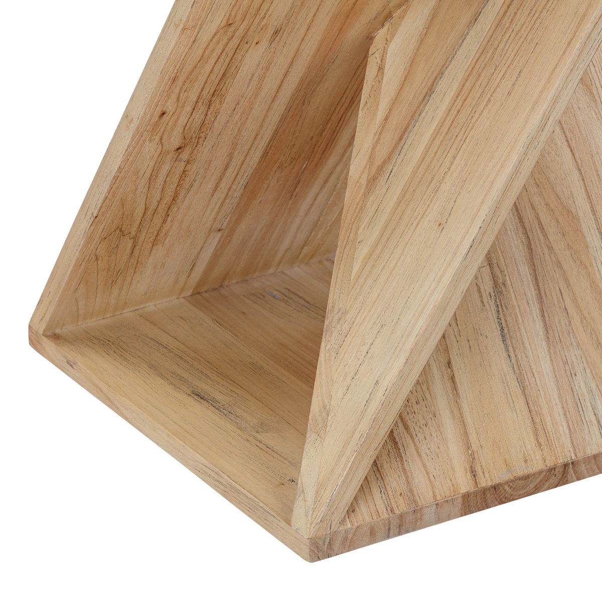 Close-up of the angular geometric base of the Silhouette Side Table highlighting the natural Mindi wood grain and solid wood construction