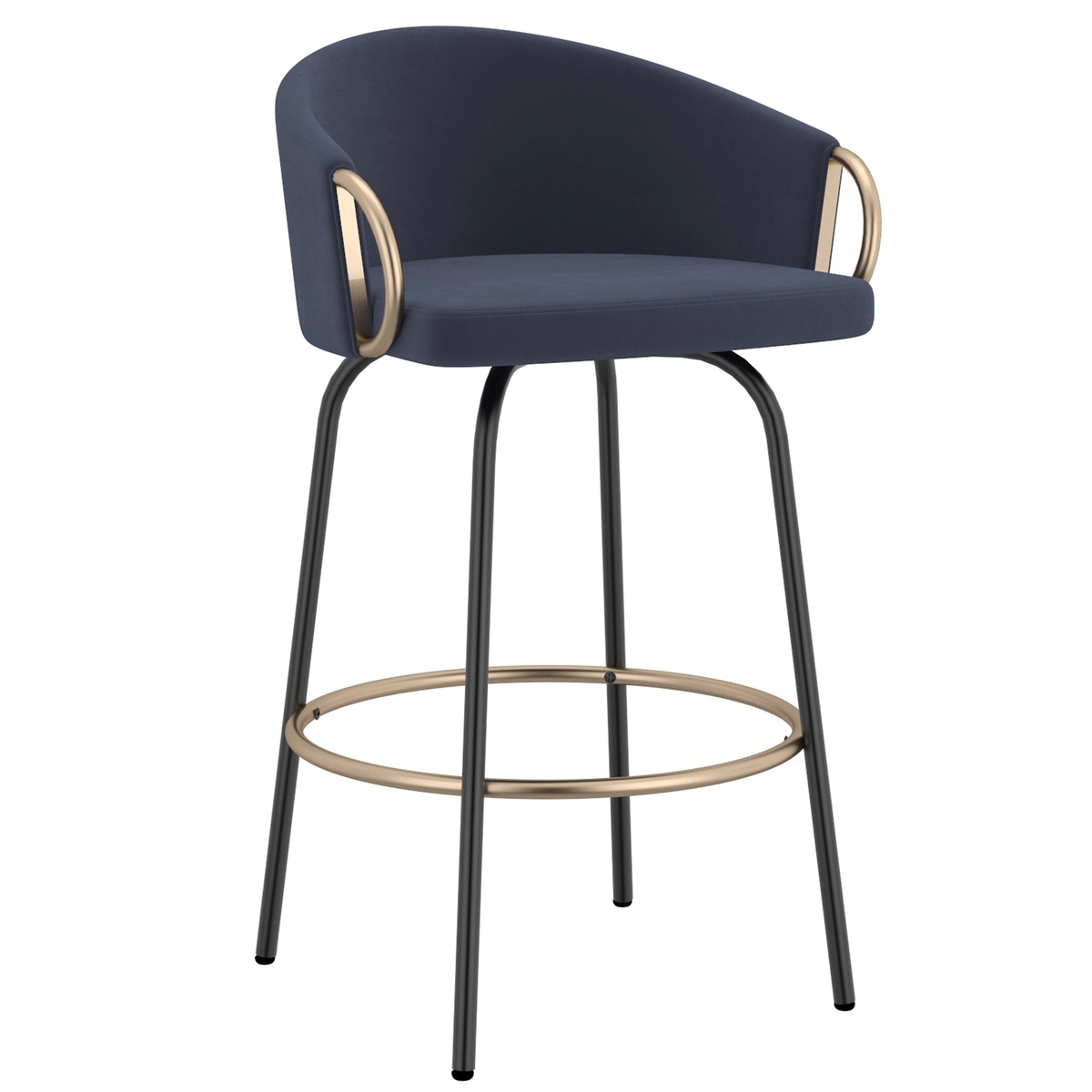 Front three-quarter view of the Lavo 26-inch blue velvet counter stool showing bucket seat, gold arm accents, black metal legs, and circular gold footrest