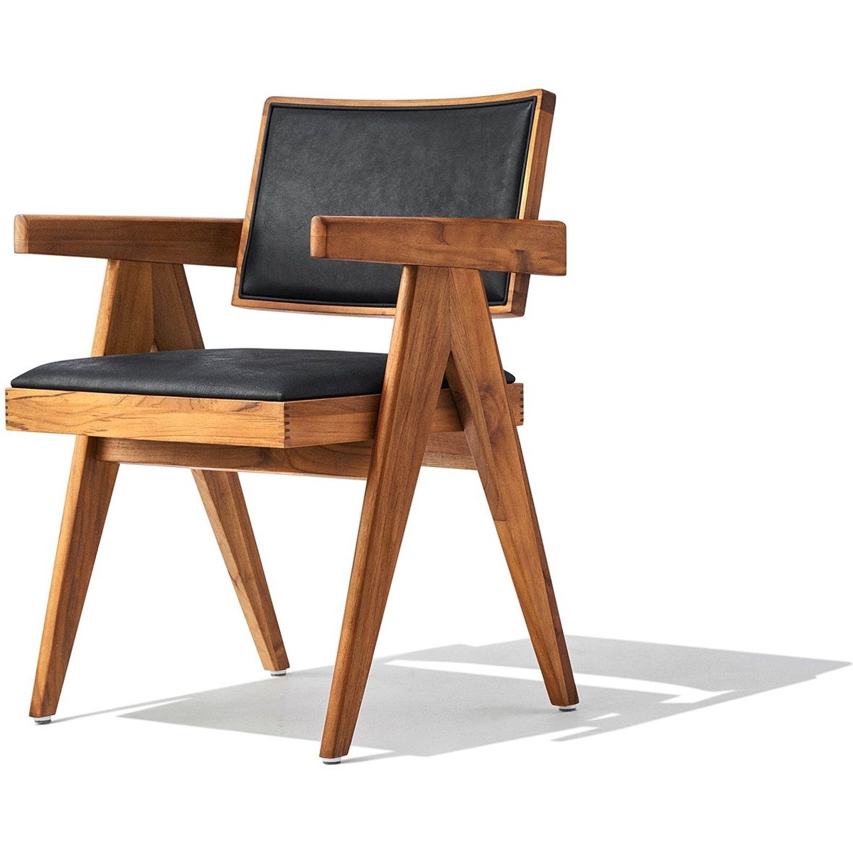 Maia Dining Chair with solid ash wood walnut finish frame, splayed mid-century modern legs, and black genuine leather seat and back cushions