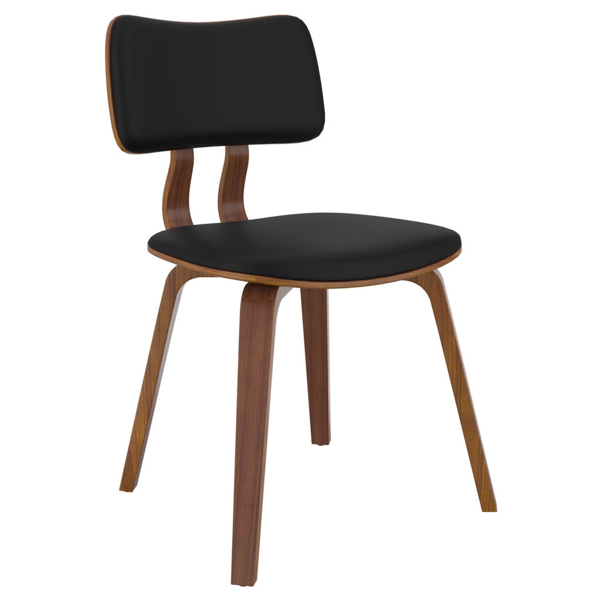 Zuni Dining Chair front-angle view showing black faux leather padded seat and backrest on a warm brown wooden frame with splayed legs
