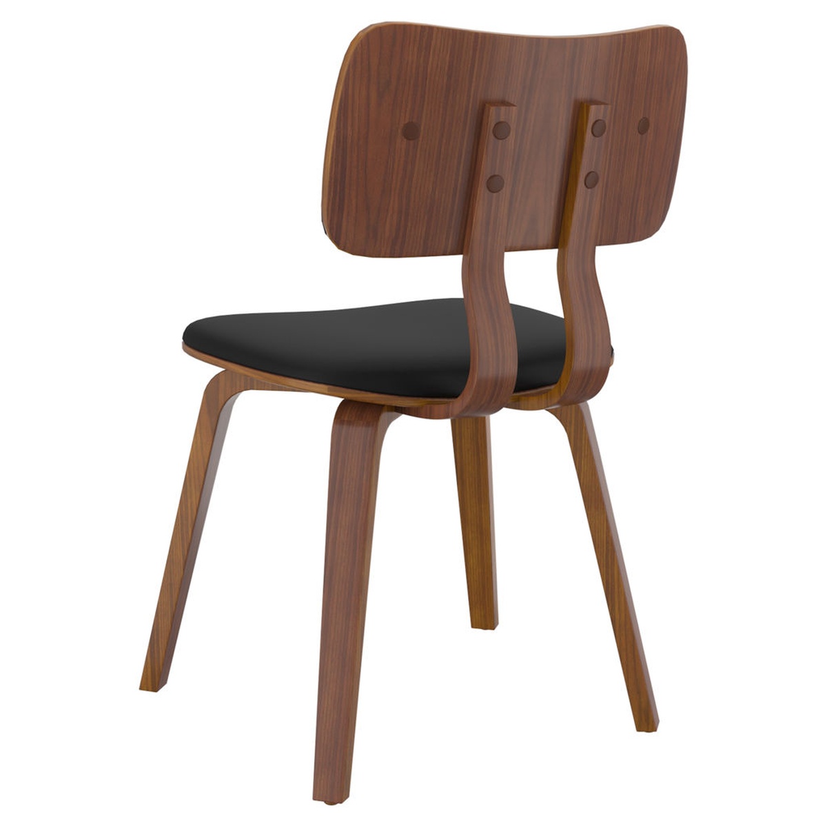 Zuni Dining Chair rear view showing the warm wood grain backrest panel, visible wood-dowel joinery, and splayed four-leg base