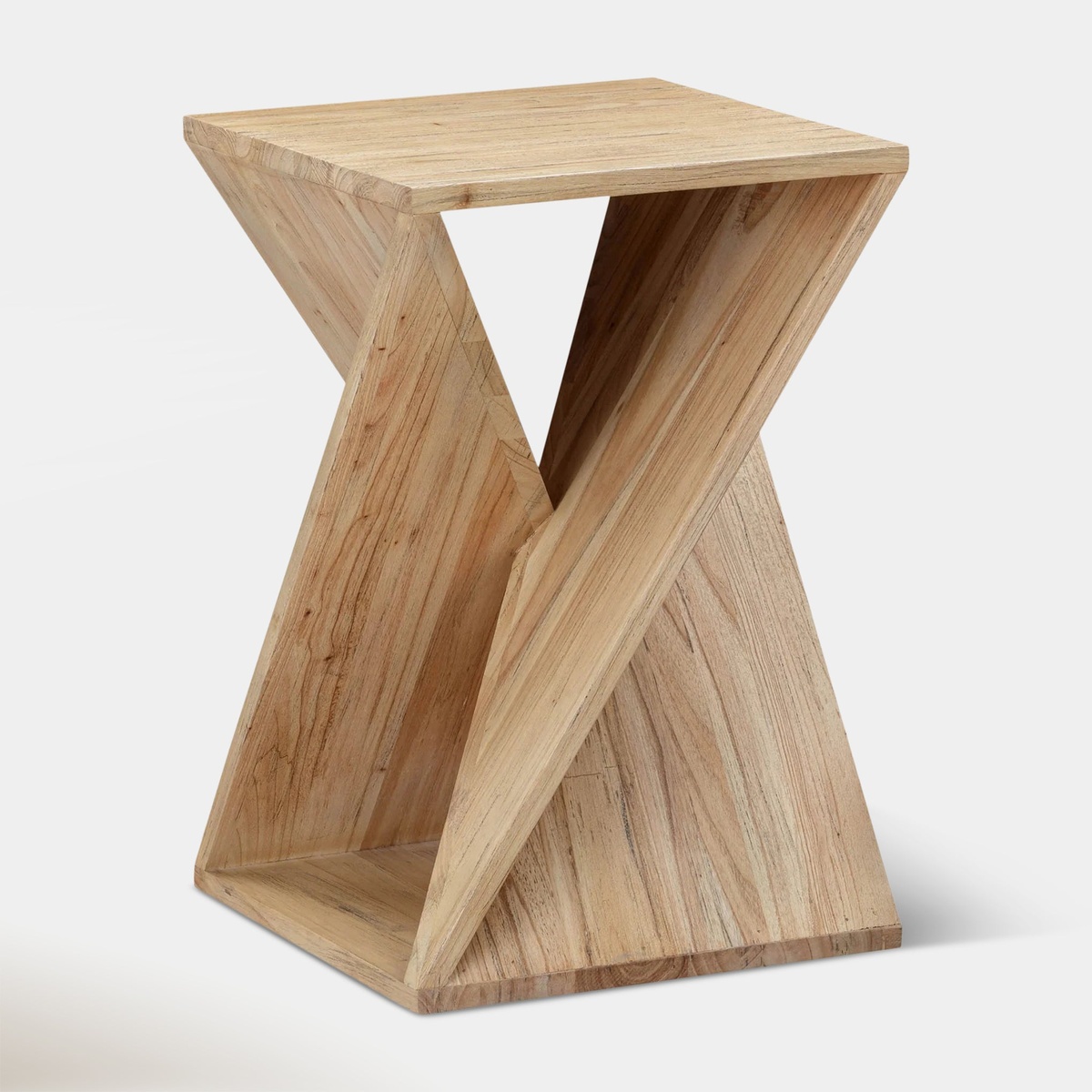 Kara Side Table product shot showcasing the full twisted sculptural silhouette and natural mindi wood grain