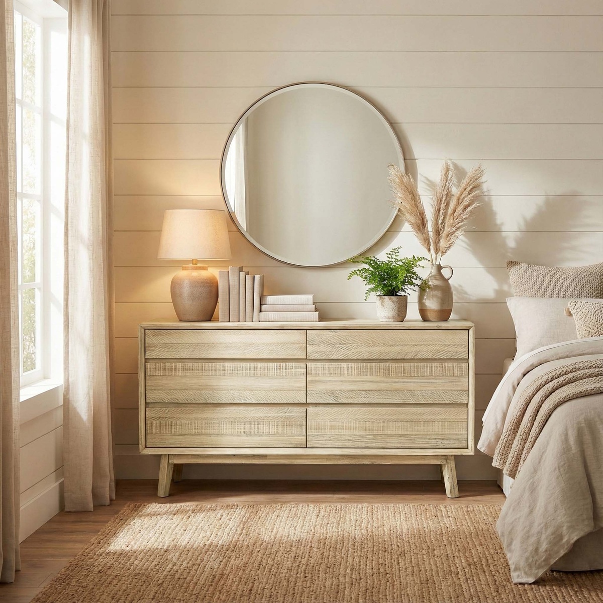 Gia 6 Drawer Dresser styled in a bright, neutral bedroom with a round mirror, lamp, books, and plants on top