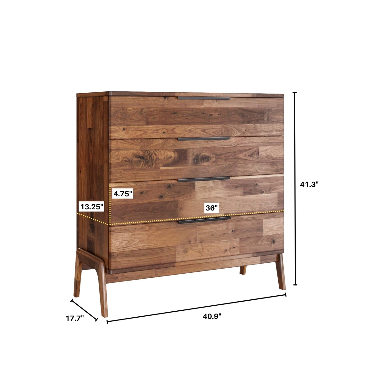 HOFT Remix REM004 4-drawer chest with annotated dimensions: 40.9 inches wide, 17.7 inches deep, 41.3 inches tall, and drawer interior measurements of 36 inches wide, 13.25 inches deep, and 4.75 inches tall