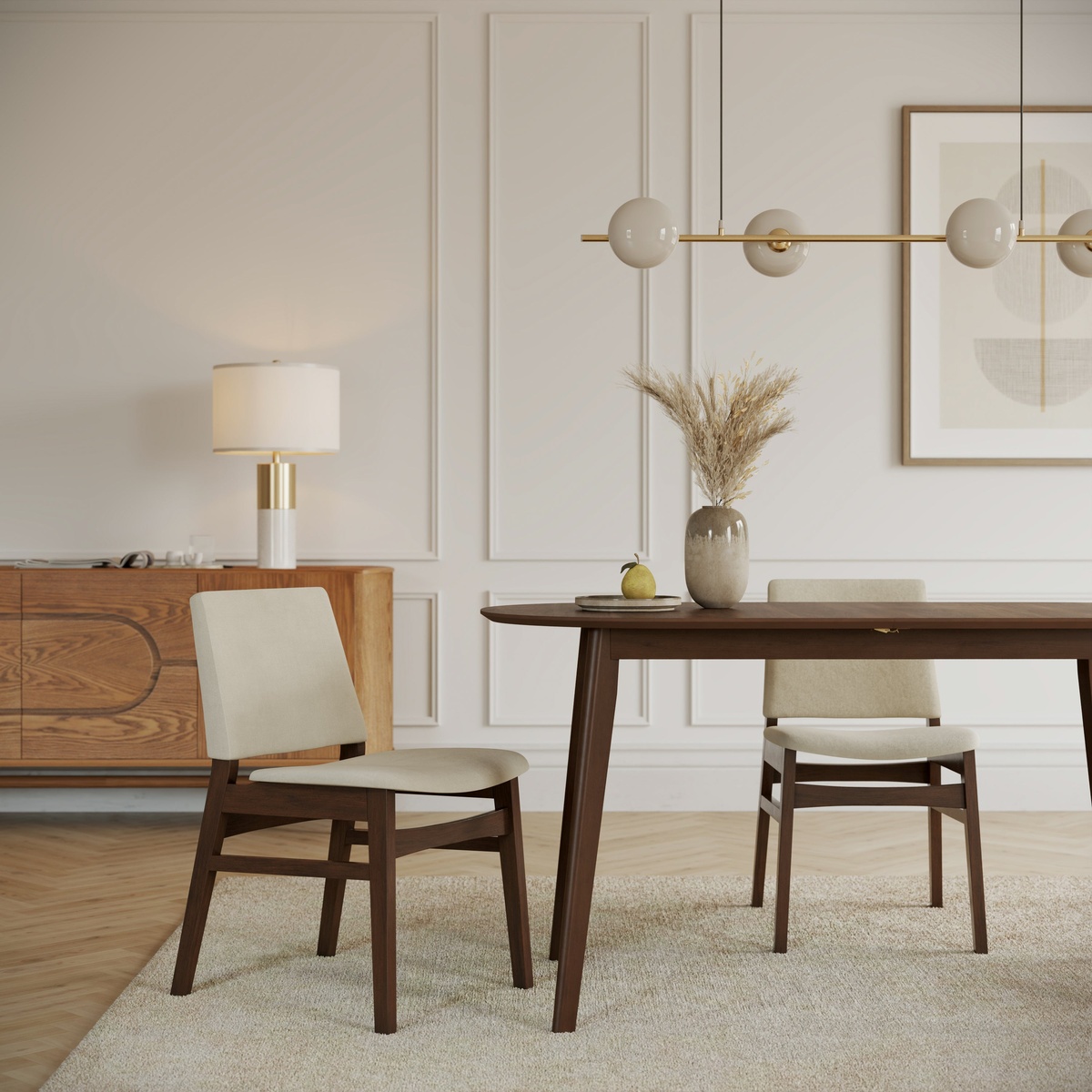 Two Eira Dining Chairs in ivory and walnut finish placed around a walnut dining table in a styled, modern dining room
