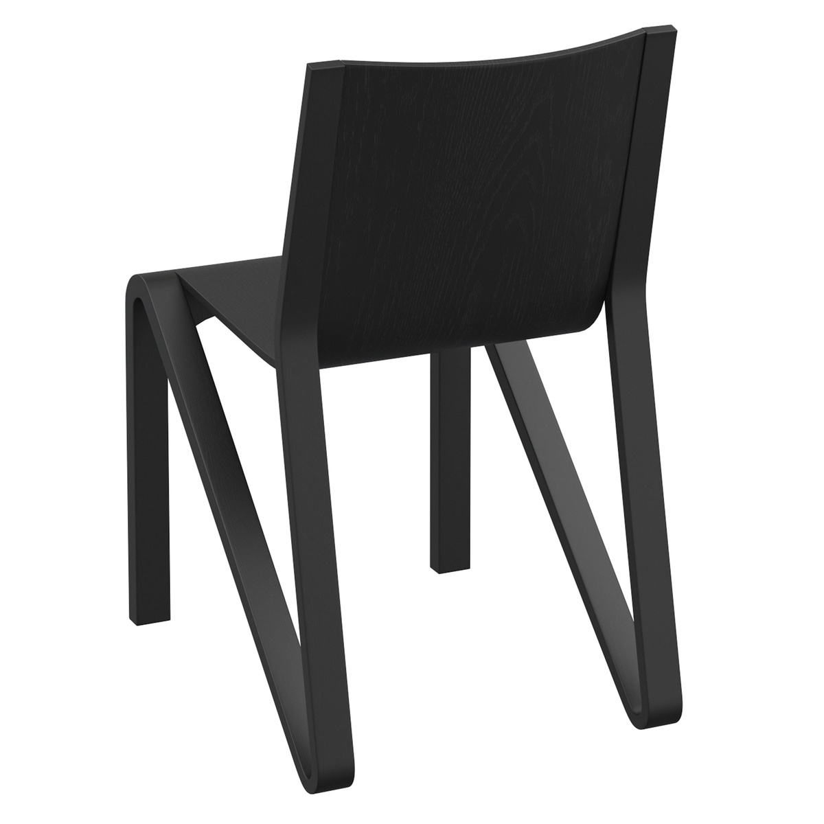 Rear three-quarter view of the Soren black dining chair showing visible oak wood grain texture and angled base structure