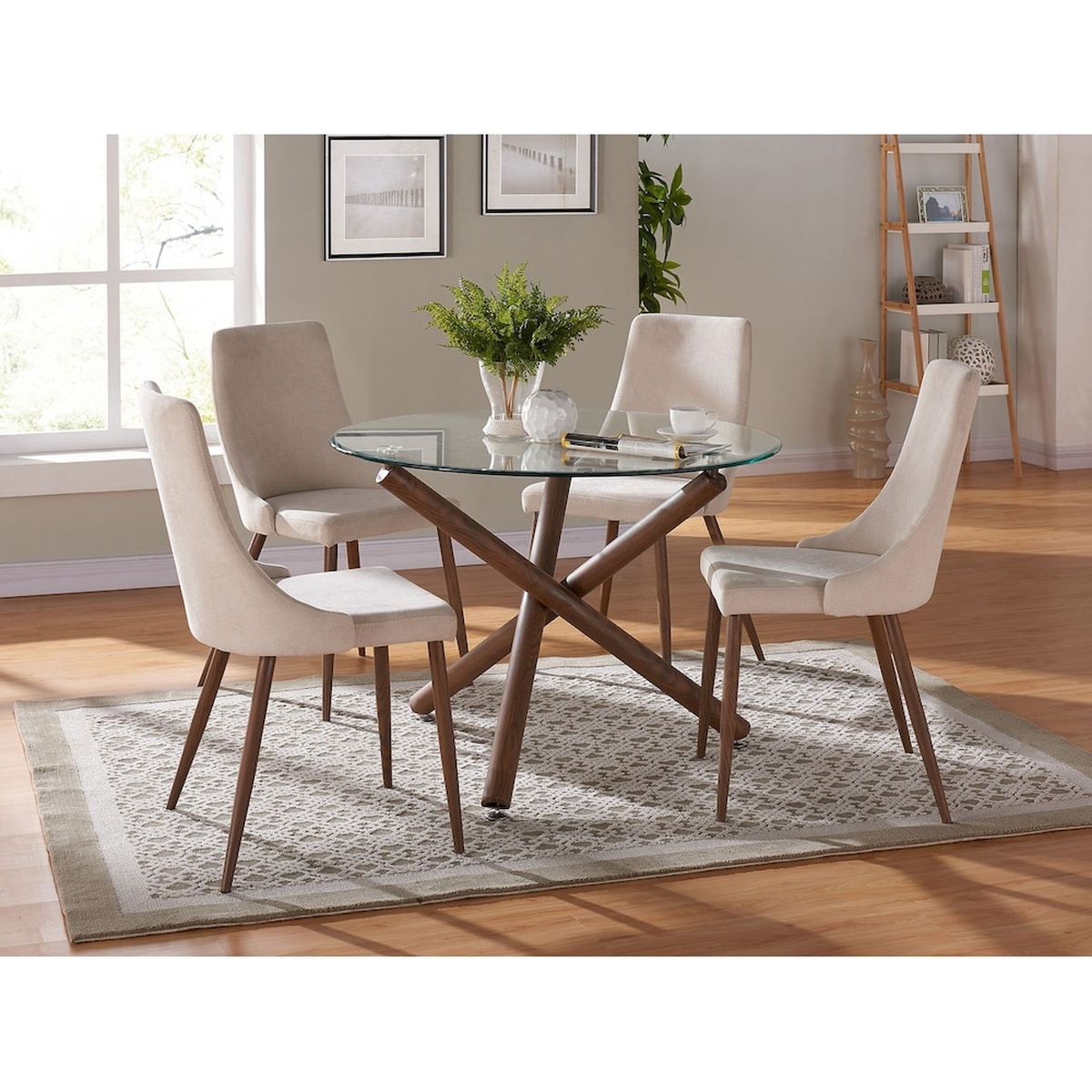 Four Cora beige parson dining chairs styled around a round glass-top dining table in a bright mid-century modern living and dining room