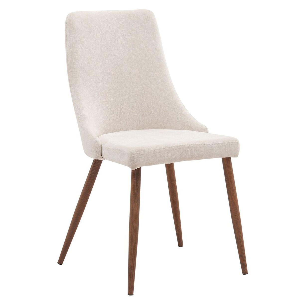 Front three-quarter view of the Cora beige polyester parson dining chair with walnut-finish metal legs against a white background