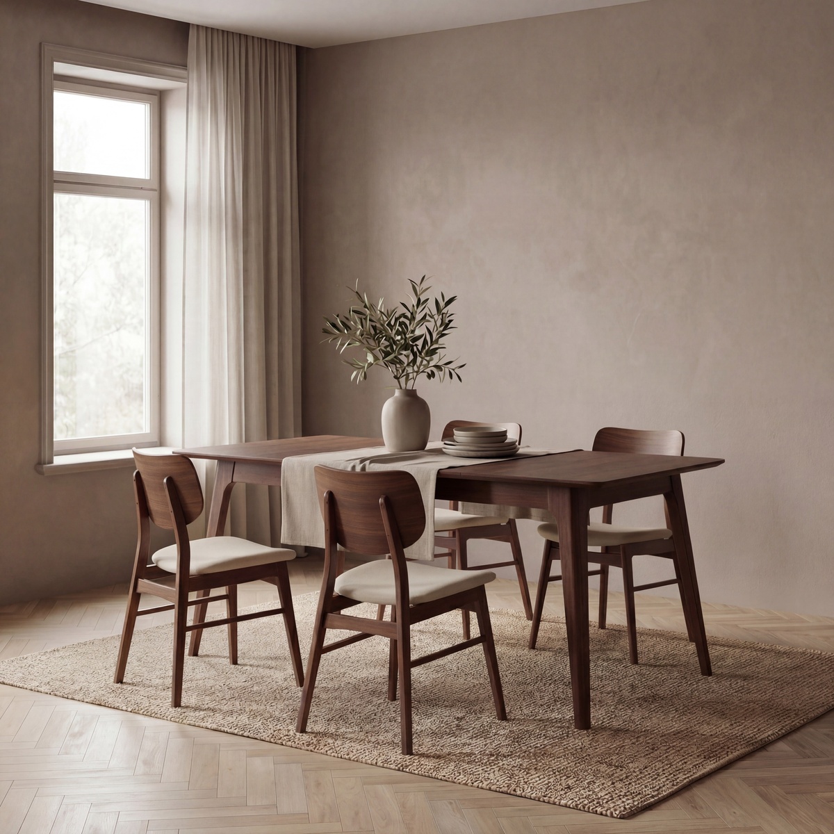 Lifestyle photo of the Venn Walnut dining table fully extended and styled with four matching walnut dining chairs, a linen table runner, and a ceramic vase with greenery in a warm, neutral-toned dining room.