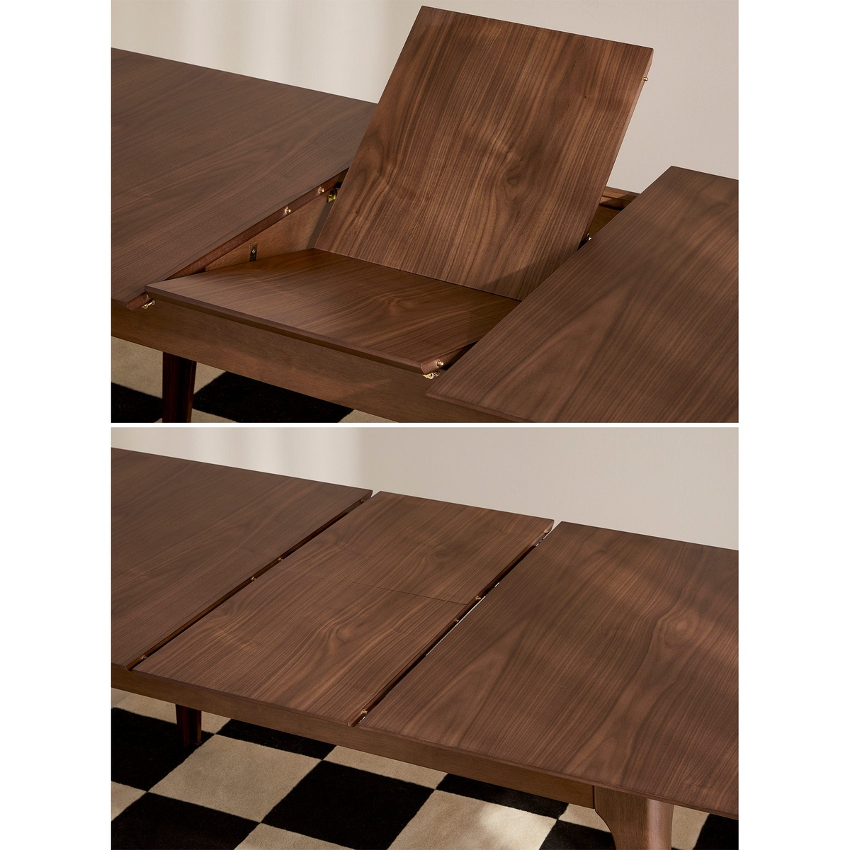 Close-up two-panel image showing the Venn Dining Table butterfly leaf lifting open from the centre and then laid flat when fully extended, revealing the walnut veneer grain and brass hardware.