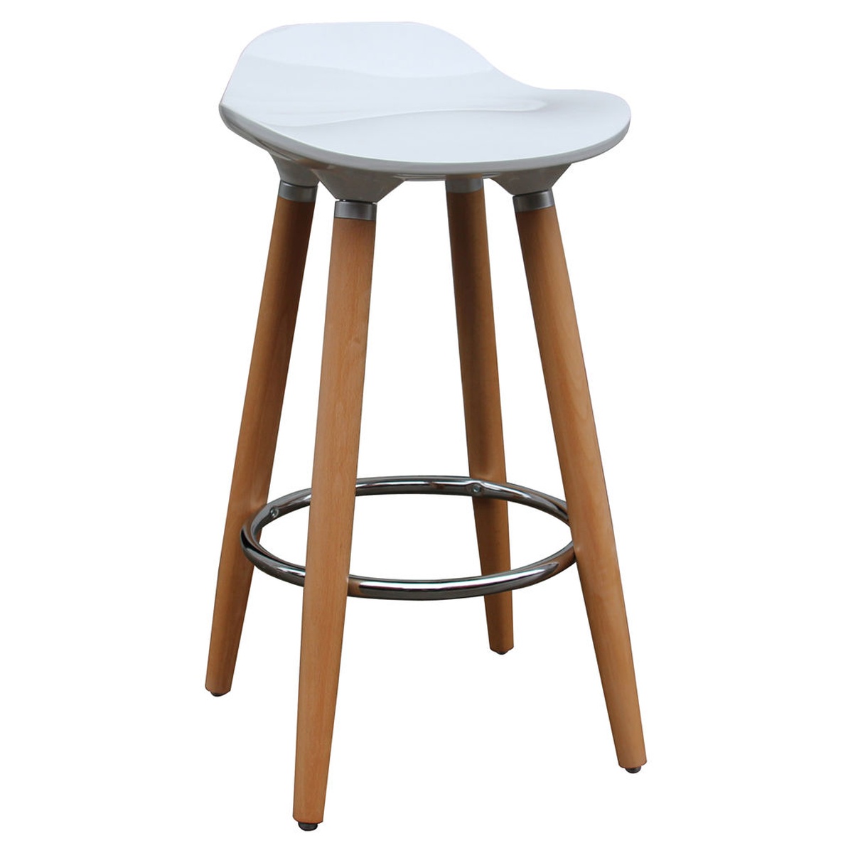 Front-angle view of the Trex Counter Stool featuring a white molded ABS plastic seat, natural beech wood legs, and a chrome ring footrest on a white background