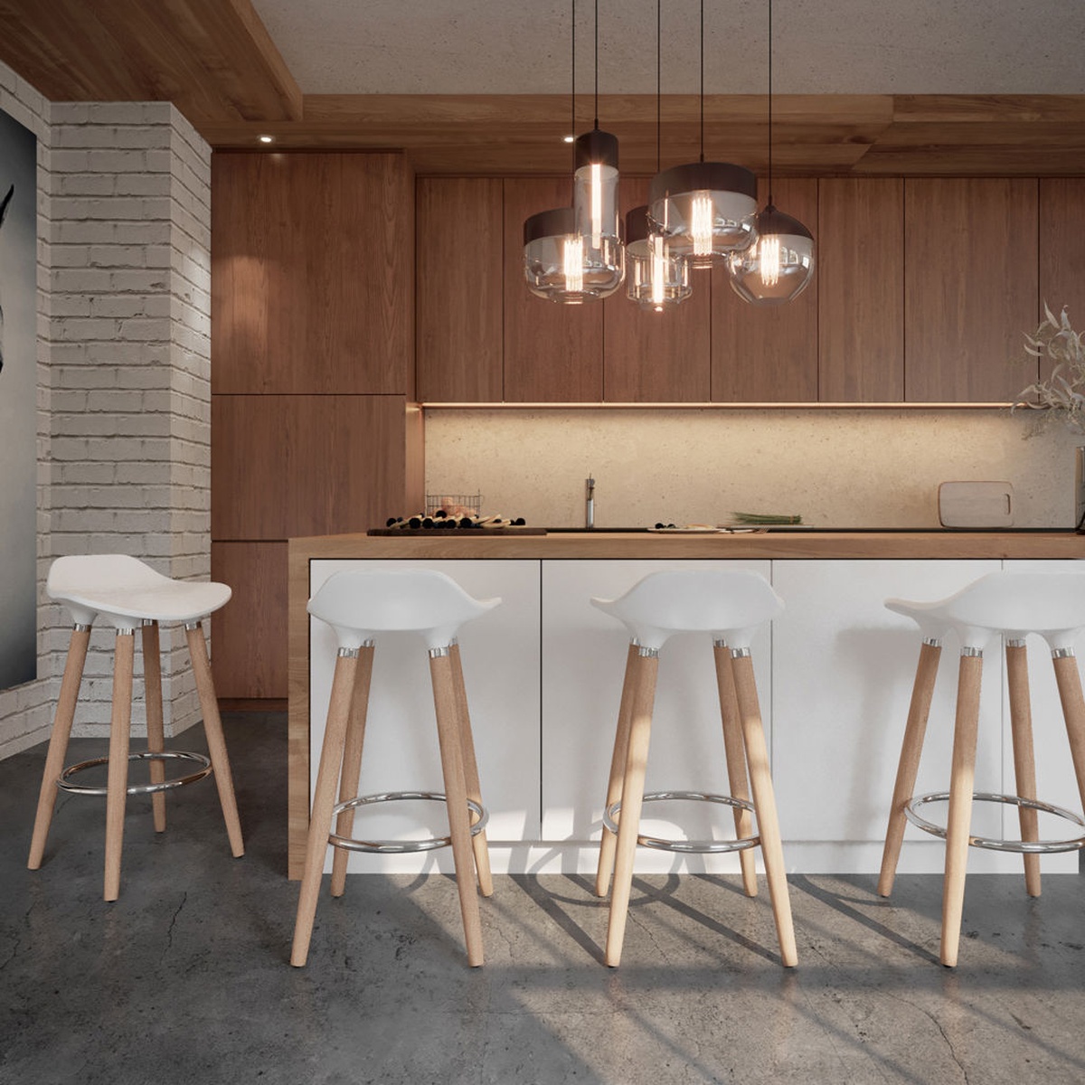 Four white Trex counter stools arranged around a modern kitchen island with warm wood cabinetry and pendant lighting