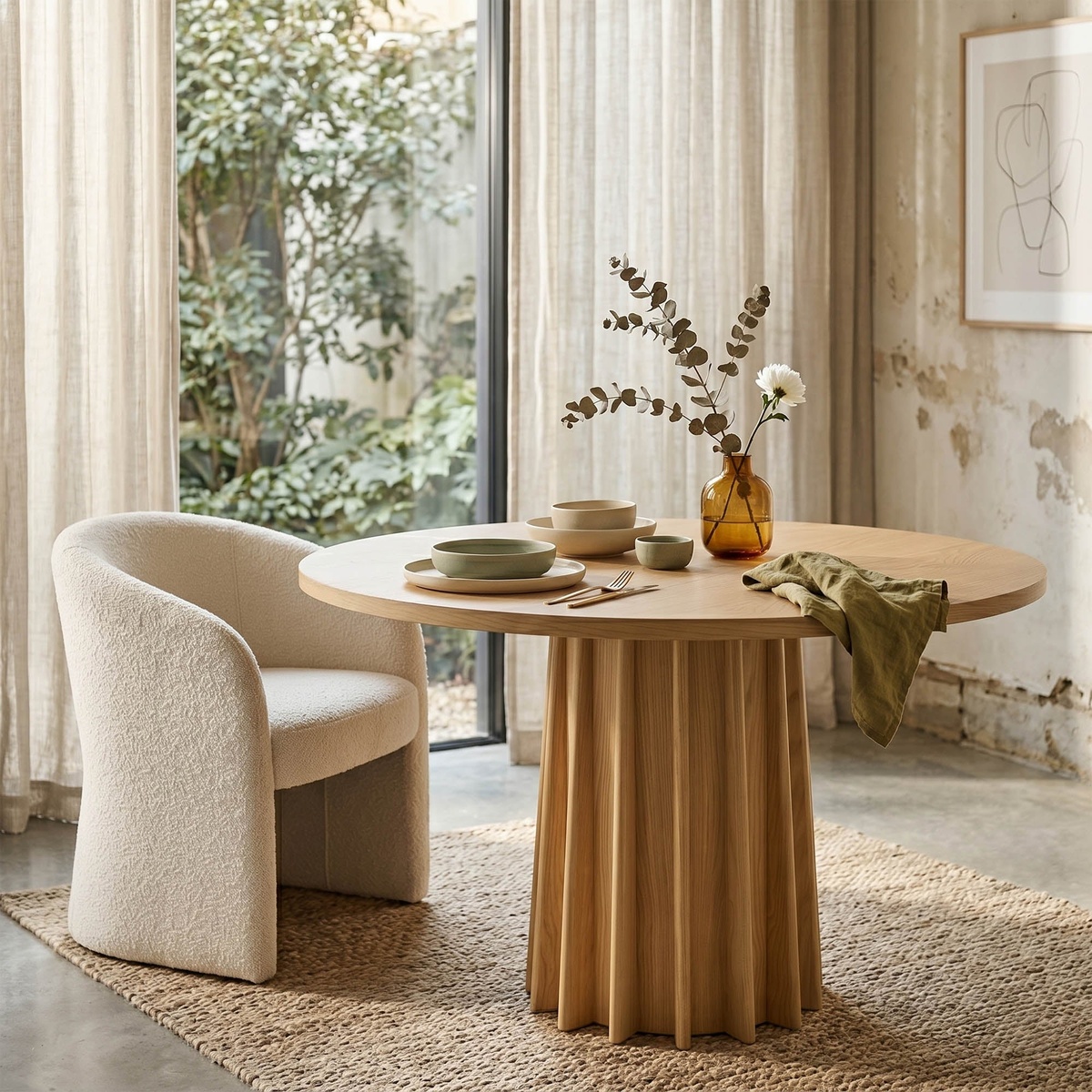 HOFT Sculpture Dining Table styled in a bright dining space with a bouclé chair, place settings, and natural light
