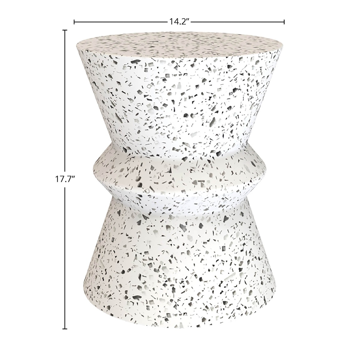 Terrazzo hourglass side table shown with dimension callouts: 14.2 inch diameter and 17.7 inch height