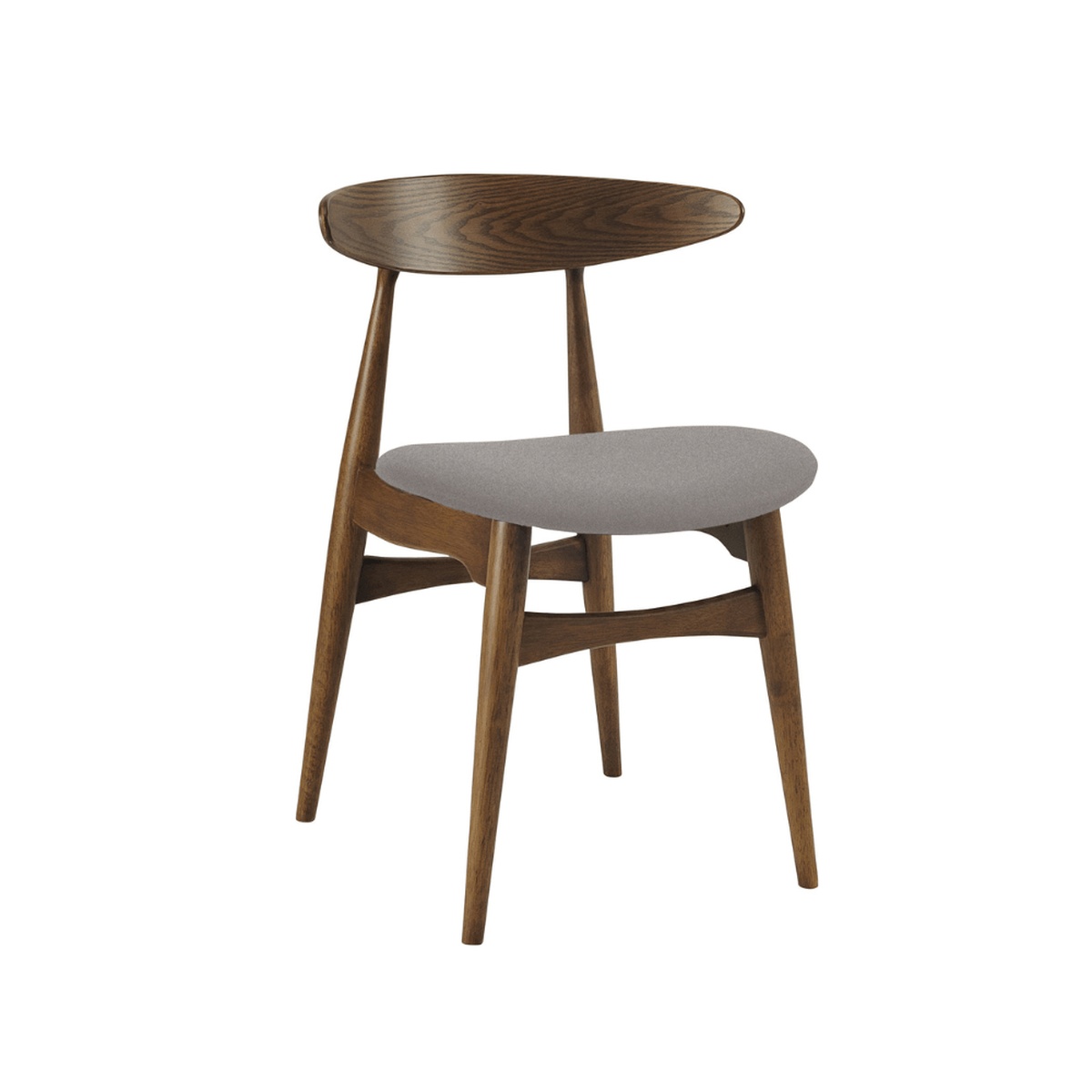 Tricia Dining Chair 109/6515 with walnut-toned solid wood frame, sculpted organic backrest showing visible wood grain, and a light gray upholstered seat on four tapered legs